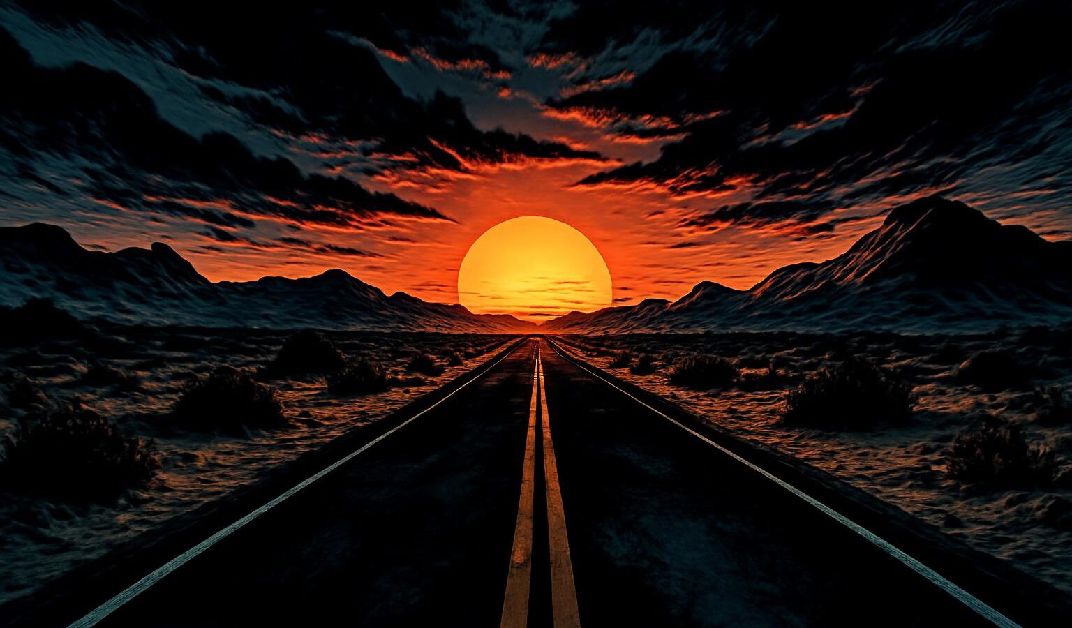 dark desert road sunset