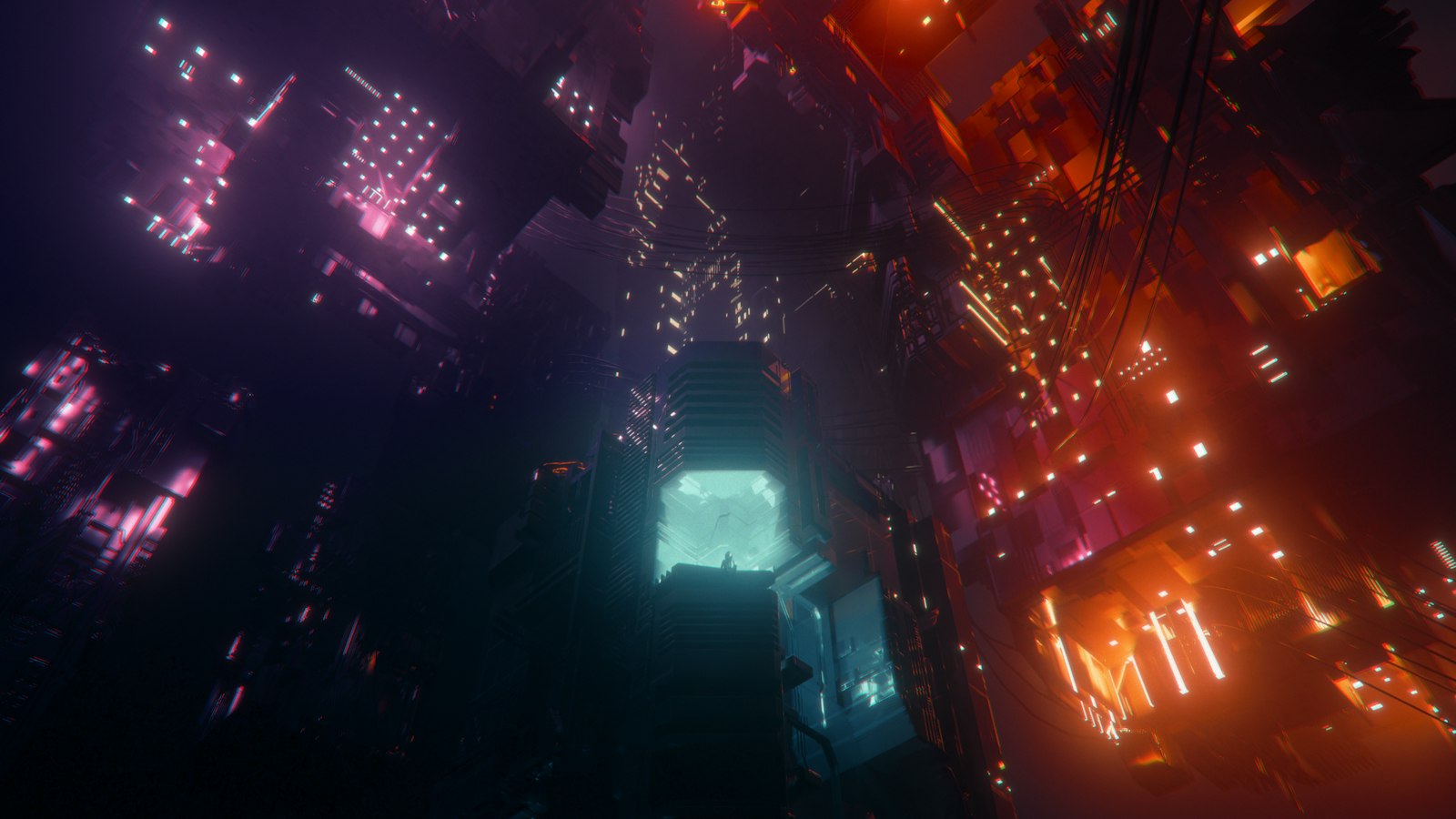 a futuristic city at night with neon lights