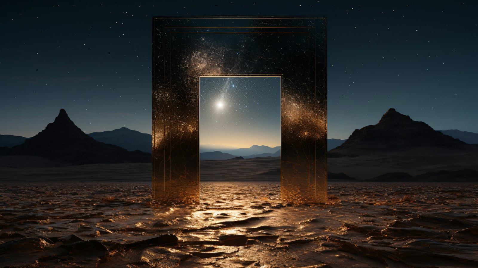 Golden portal in desert landscape under starry sky
