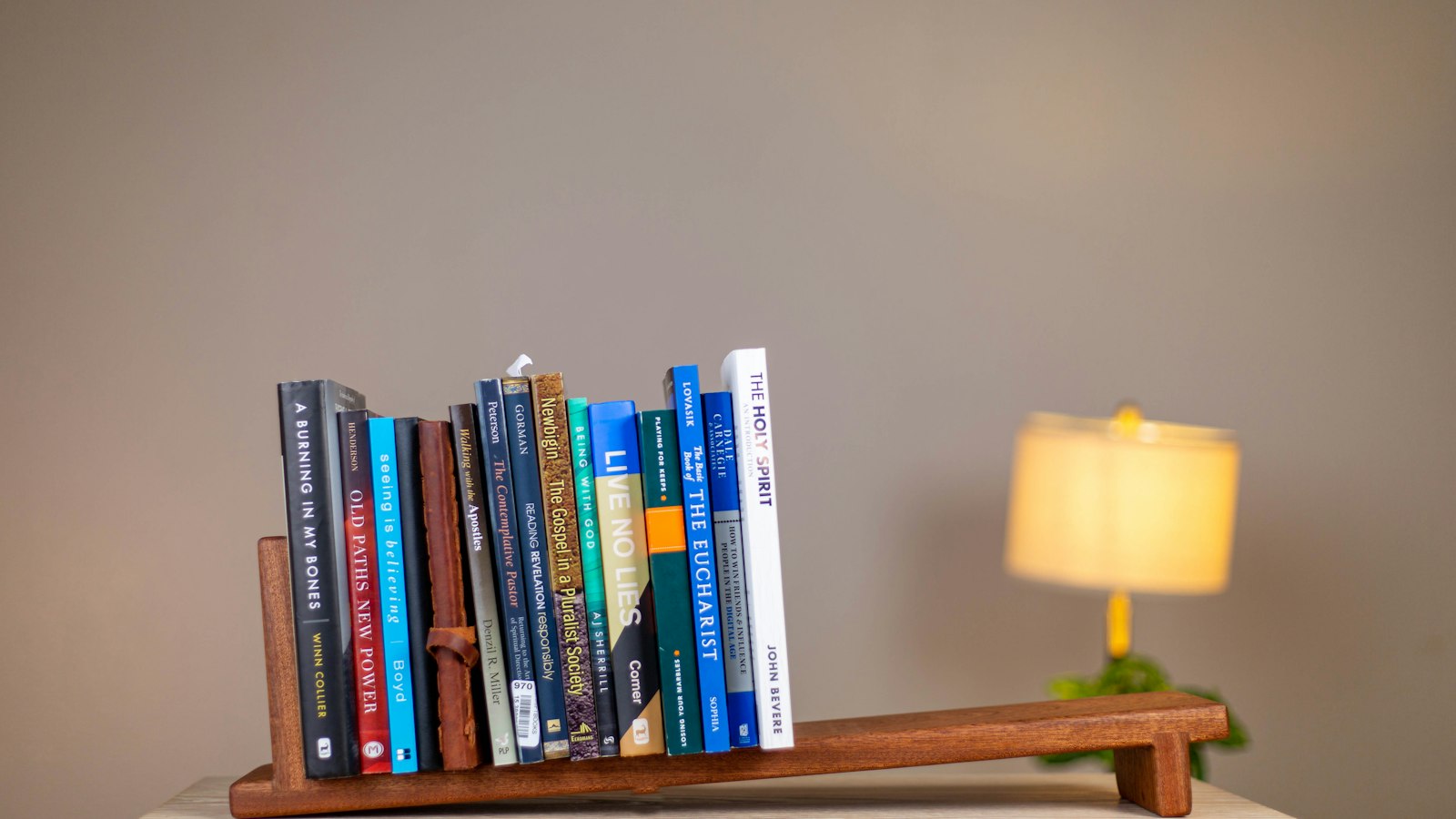 a wooden shelf with a lamp and books on it