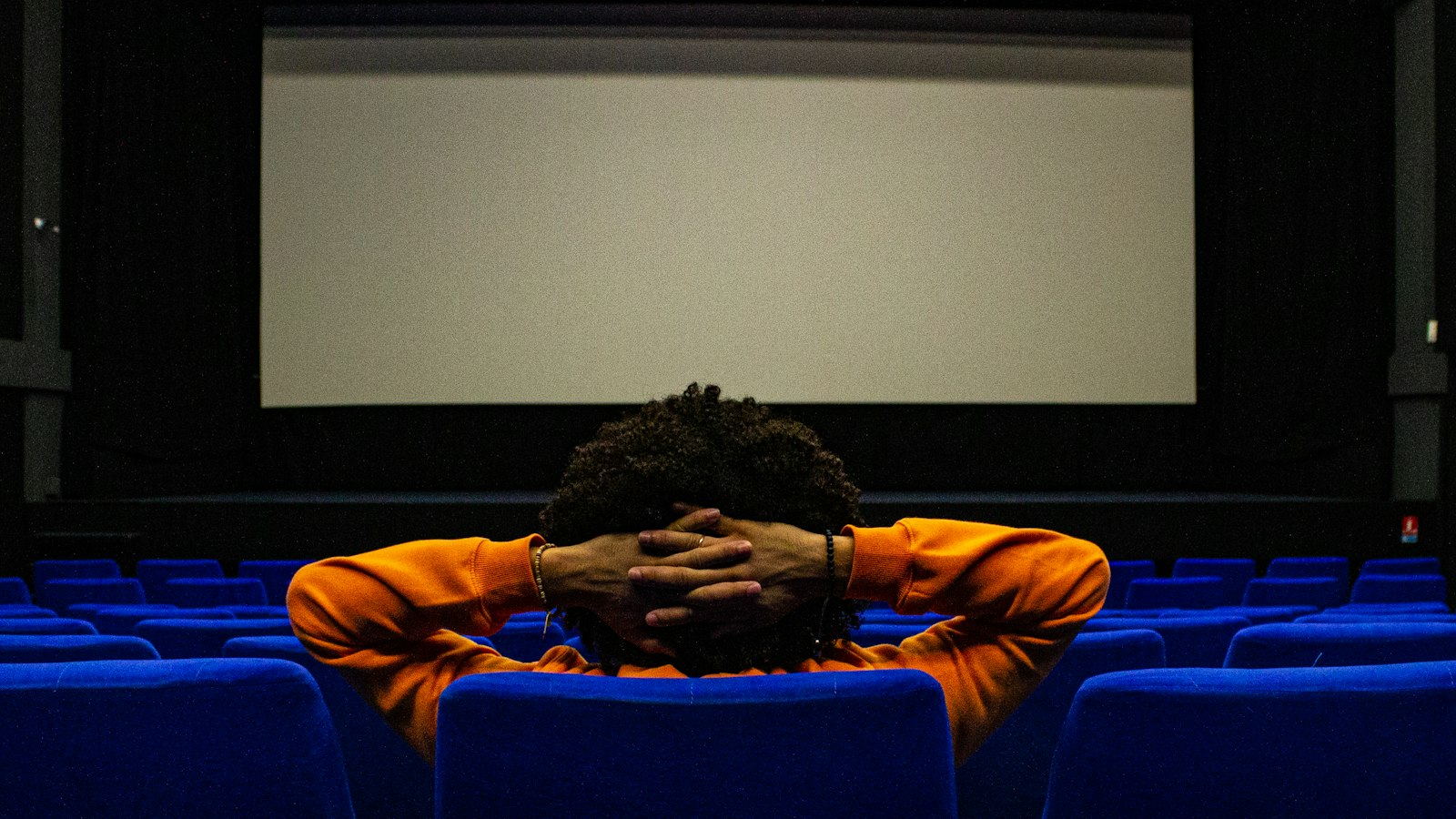 a person sitting in a chair in front of a projection screen